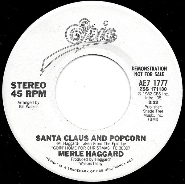  Merle Haggard -- Santa Claus And Popcorn/ Grandma's Homemade Christmas Card, 1982 (M-) 45 rpm record with factory sleeve, $7.00 - Click for bigger image and more info 