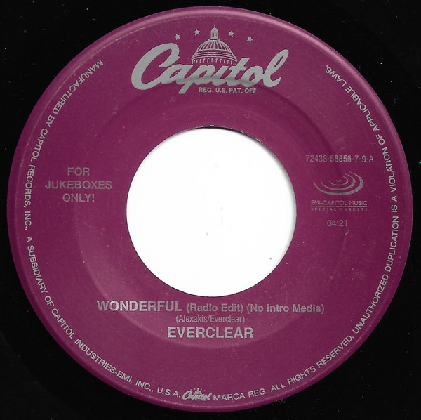  Everclear -- Wonderful/ Unemployed Boyfriend, 2000 (M-) 45 rpm record, $8.50 - Click for bigger image and more info 